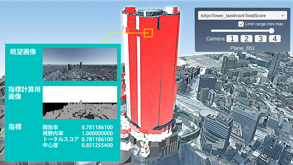 眺望シミュレーション画面（眺望画像・指標・ヒートマップ）